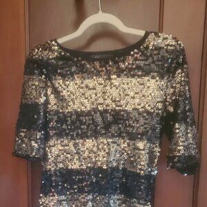 BCBGMAXAZRIA Marta Black Gold Combo Allover Sequin Striped Sheath Dress - Medium